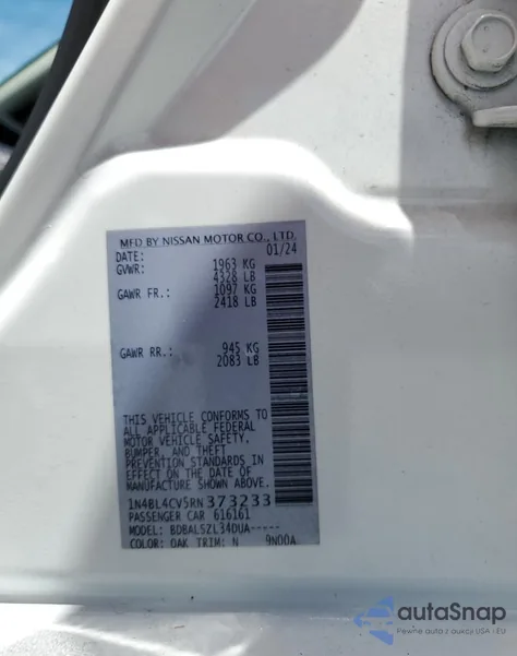 2024 Nissan Altima Sr z USA, uszkodzony, nr VIN 1N4BL4CV5RN373233